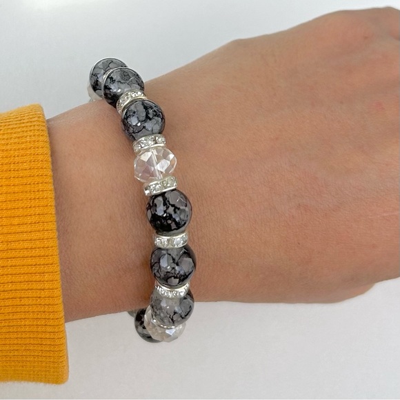 Gray Glass Beads 10mm Stretch Bracelet Rhinestone Rondelle Spacers - Picture 4 of 4